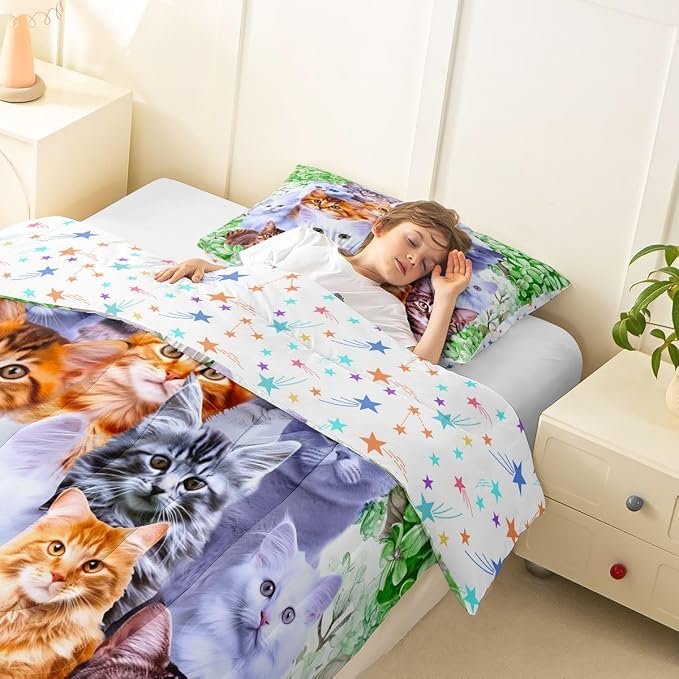 Feelyou Cute Cartoon Cat Girls Comforter Set Queen Size 3Pcs with 2 Pillowcases Floral Green Bedding Set Feline Animal Lovers Decor - Image 7
