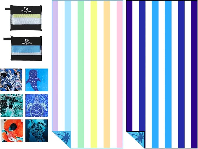 Yongoes 2 Pack Microfiber Beach Towel Oversized 71x32 Colorful Blue Striped | Thin & Lightweight, Sand Free, Super Absorbent Quick Dry Large for Pool Swim Bath Travel Vacation Accessories Essentials by Yongoesbeachtowel
