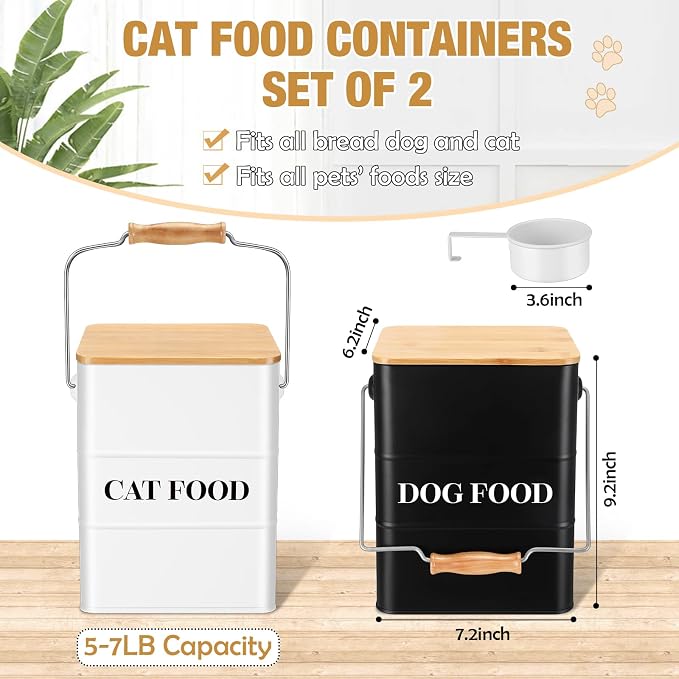 Tioncy 2 Pcs Metal Dog and Cat Food Storage Containers Big Pet Food Containers with Bamboo Lids and Spoon Airtight 5-7 Lbs Dog Cat Treat Snack Jars with DIY Labels for Kitchen Counter(White,Black) - Image 2
