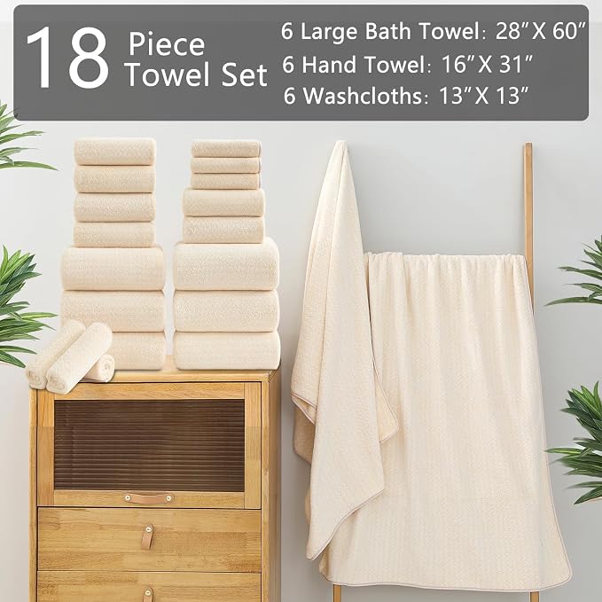 Ycosy 18 Piece Bath Towels Set,100% Microfiber Family Bathroom Towel with Hanging Loops-6 Bath Towels,6 Hand Towels,6 Washcloths,Quick Dry Highly Absorbent Shower Towel for Bathroom,Hotel,Spa-Beige - Image 2