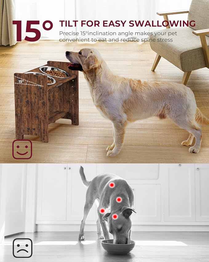 Vantic Elevated Dog Bowls, Adjustable Bowl Stand Medium, Rustic Brown | Particle Board Raised Dog Bowl Stand with 2 Stainless Steel Bowls for Medium Dogs - Image 3