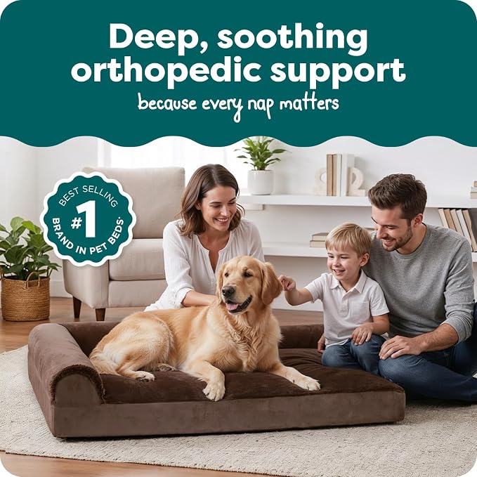 FurHaven Orthopedic Dog Bed for Large Dogs, L-Shaped Chaise Mattress, Egg Crate with a Solid Orthopedic Foam Base for Joint Support, Removable Washable Cover, Jumbo XL, Plush & Velvet, Sable Brown - Image 2