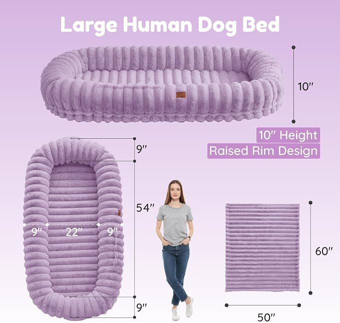 ChiXnuggle Orthopedic Human Dog Bed,Striped Faux Fur Washable Cover,Blanket | purple,72*40*10,giant dog bed for adult or extra large dogs,egg crate foam,non-slip bottom - Image 3