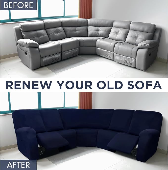 Peryiter 7 Pcs L Shape Sectional Recliner Sofa Covers 5 Seat Sectional Couch Covers Milk Silk Velvet Stretch Reclining Sofa Slipcover Furniture Protector for Living Room(Navy Blue,Milk Silk) - Image 4