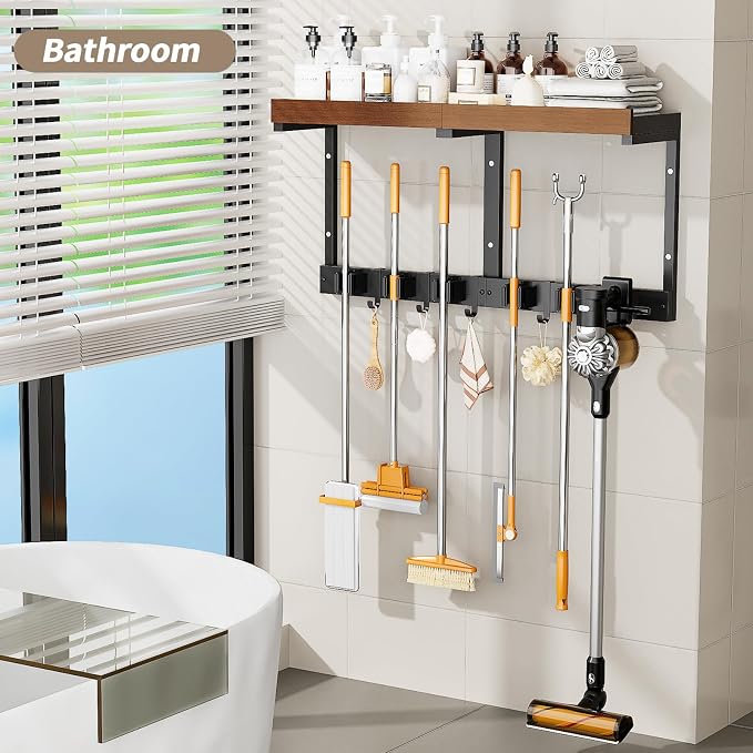 Broom and Mop Organizer Wall Hanging, Broom Hanger Holder Wall Mount | 3-in-1 mop and broom holder wall mount with 5 racks,5 hooks, storage shelf & vacuum organizer for garage,kitchen,laundry room - Image 9
