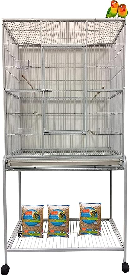 64" Extra Large Wrought Iron Metal Tight 1/2-Inch Bar Spacing Bird Flight Breeder Cage with Side Breeding Nesting Box Doors Easy Clean Pull Out Tray with Removable Rolling Stand by Mcage