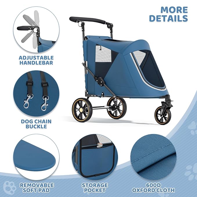 Magshion Pet Stroller for Medium Dogs w/Adjustable Handle, 3-Wheel Dog Cat Wagon w/Dual Entry, Rear Storage, Breathable Mesh, One-Foot Brake, Ideal for Large Pets up to 55 lbs, Navy Blue