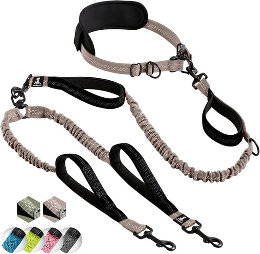 SparklyPets Hands Free Double Dog Leash – Dual Leash for Medium and Large Breeds – Lead for 2 Dogs with Padded Handles, Reflective Stitches, No Pull, Tangle Free (Brown) by SparklyPets