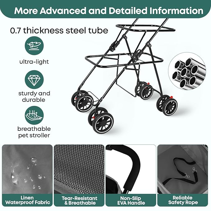Double Pet Stroller for Dogs and Cats,Cat Strollers for 2 Cats,Double Dog Stroller for 2 Small Medium Dogs,4 Lockable Wheels/Lightweight/Folding,Grey