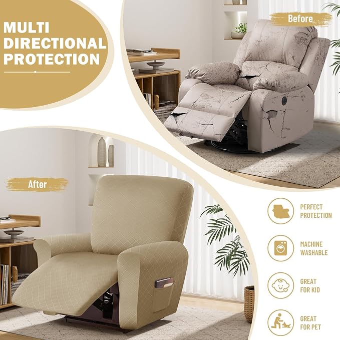 vctops Diamond Recliner Cover 4-Pieces Recliner Stretch Sofa Slipcover 1 Seater Couch Protector Soft Solid Furniture Protector Covers with Elastic Strap (Light Coffee,1 Seat) - Image 5