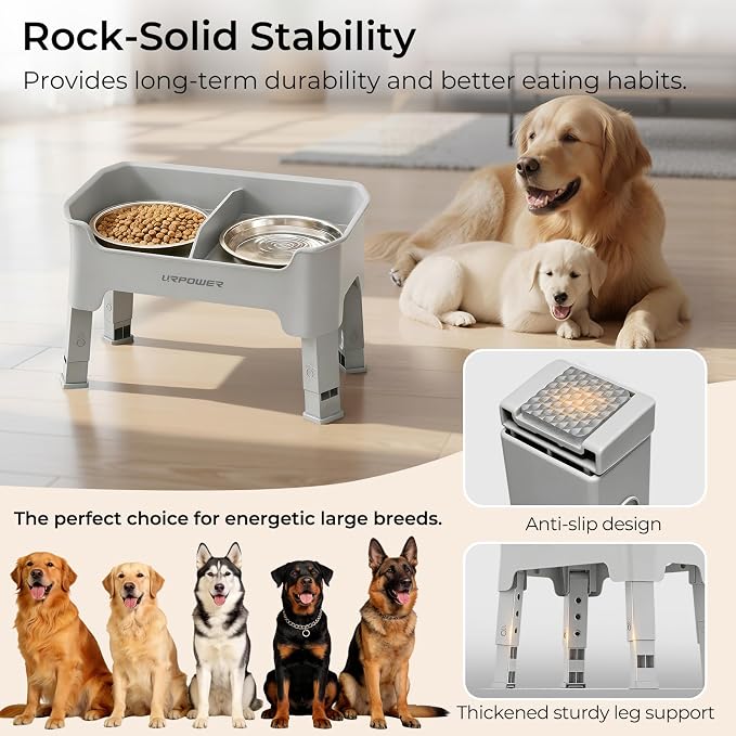 URPOWER Mess Proof Elevated Dog Bowls, Splash Guard Raised Bowl Stand | 4 Height Adjustable Raised Stand with 2 Stainless Steel Food Bowls & Licking Plate for Small, Medium & Large Dogs - Image 7