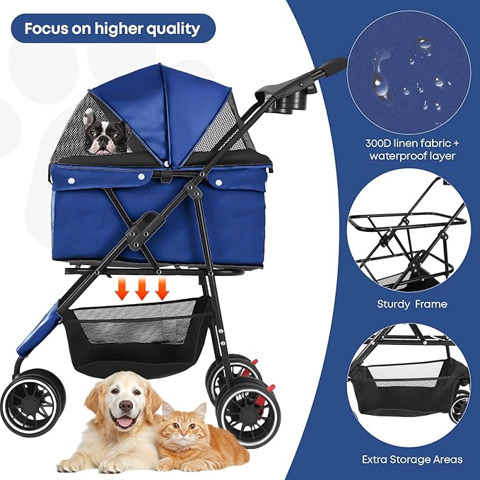 Pet Stroller,Dog Stroller for Small Medium Dogs Cats,3 Wheels,Foldable,with Breathable Mesh Canopy,Cup Holders,Easy Assembly,Navy Blue