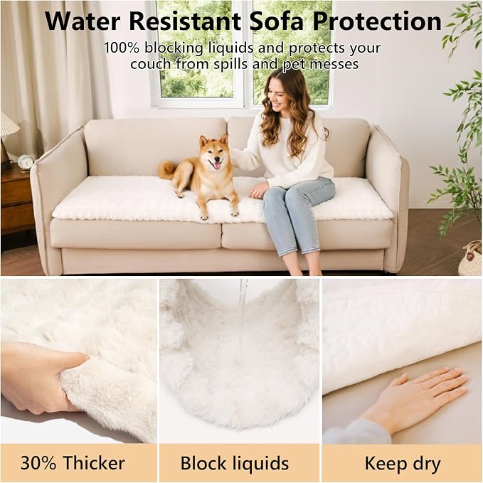 Couch Covers for Dog, Non-Slip Pet Sofa Cover 27.6"×70.9" White | 300gsm Thick Quilted Padding, Faux Rabbit Fur Machine Washable, for Small 3-Seater/Large Loveseat - Image 4