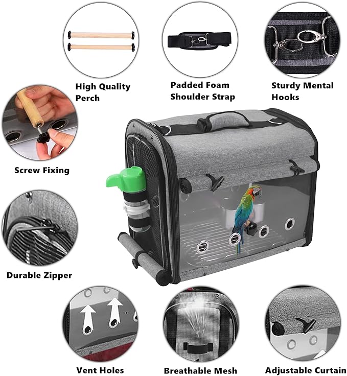 Bird Carrier Bag with Stand, Lightweight Backpack for Parrot, Portable Cockatiel Travel Cage with Accessories, Pet Transparent Breathable Carrier, Gray - Image 3
