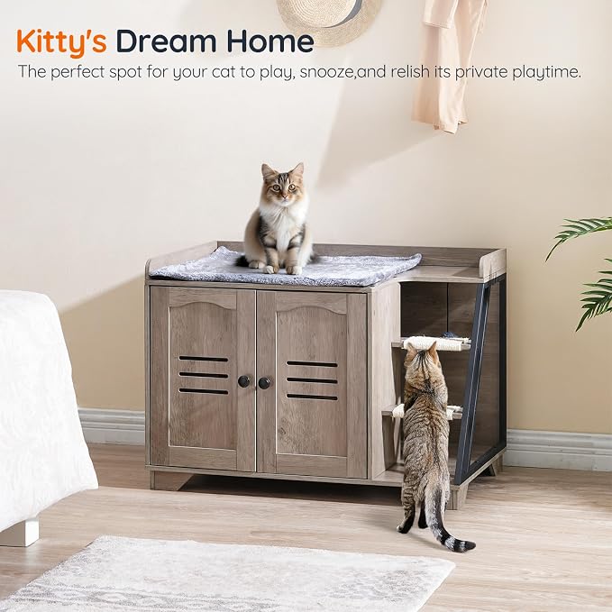 HOOBRO Cat Litter Box Enclosure with Ladder, Hidden Litter Box Furniture with Rechargeable 3-Color LED, Plush, Teaser Balls, 31.5" L x 18.9" W x 22.4" H, All-in-One, Black and Greige BG48MW01G1 - Image 3