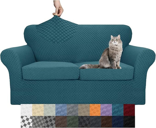 YEMYHOM Latest Checkered 3 Pieces Couch Covers for 2 Cushion Couch High Stretch Thickened Love Seat Sofa Cover for Dogs Pets Anti Slip Elastic Loveseat Slipcover Protector (Teal), 55"-69"(2 Cushions) by YEMYHOM