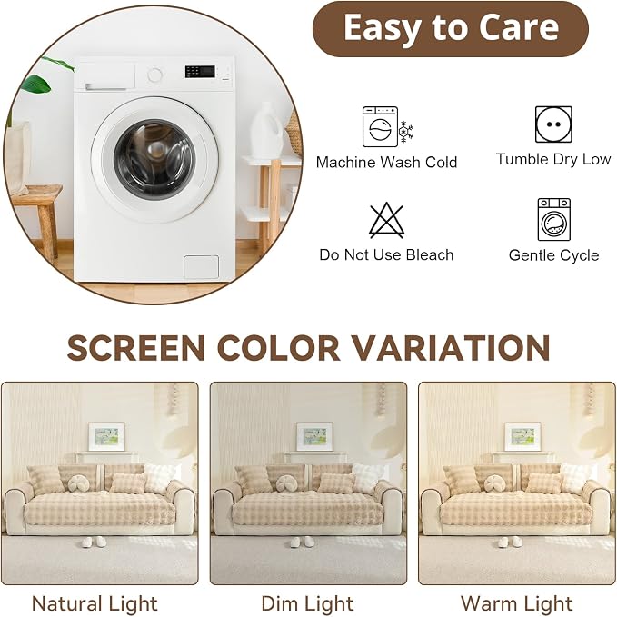 OstepDecor Faux Fur Couch Covers for Sofa, Soft Plush Sofa Covers Washable | Non Slip Dog Couch Protector, Pet Hair, Dirt & Wear Protection, Fits Sofas, Loveseats & Sectionals, 35.4" x 82.7", Khaki - Image 8