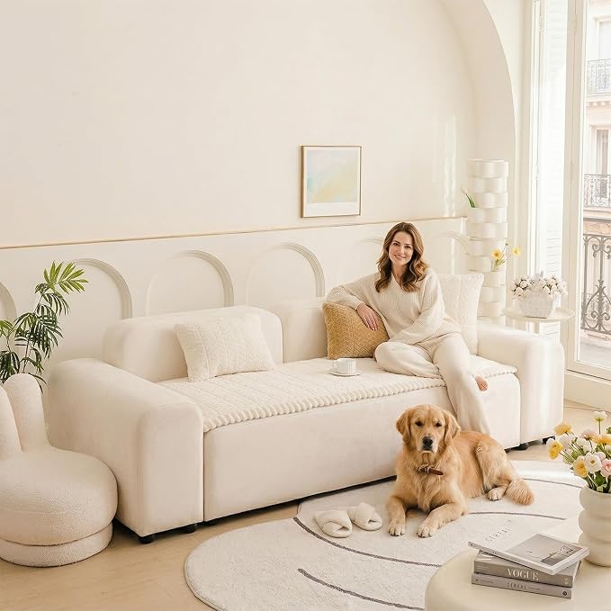 KRFOONN Couch Cover for Dogs Washable Sofa Covers for 3 Cushion Non-Slip Fuzzy Couch Cushion Covers Sofa Slipcovers Furniture Protector with Elastic Straps for Dogs Pets Mat (Beige, 27.6" x 70.9") - Image 3