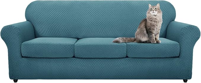 YEMYHOM Latest Checkered 4 Pieces Couch Covers for 3 Cushion Couch Extra Large High Stretch Thickened Sofa Cover for Dogs Anti Slip Furniture Protector Sofa Slipcovers (Teal), 91"-110"(3 Cushions) - Image 8