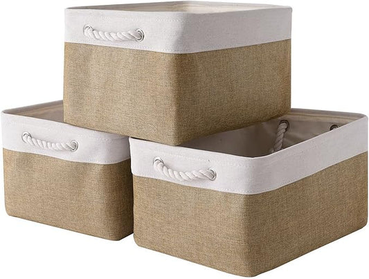 Rectangular Fabric Storage Baskets for Organizing, Shelves, Decorative & Gift (White & Peru) by Sacyic