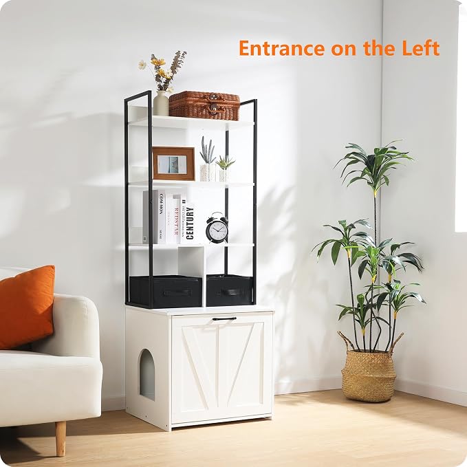 Dwanton Litter Box Enclosure with 3 Storage Shelves and 2 Drawers, 2-in-1 Hidden Cat Litter Box Enclosure Furniture with Shelf, Reversible Entrance, Washable Drawers, 61.8-Inch, White - Image 5