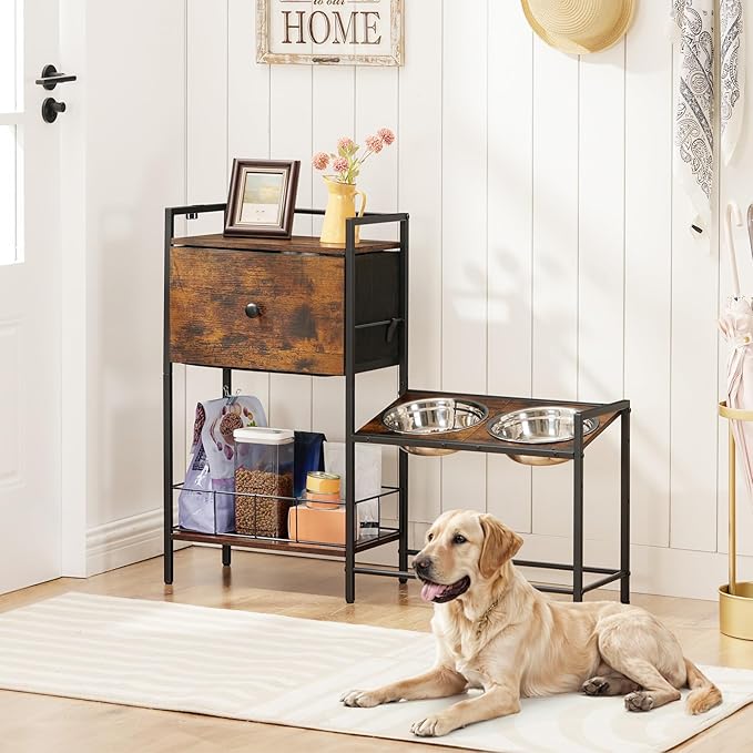 HOOBRO Elevated Dog Bowls Stand with Drawer, Height Adjustable Raised Feeding Station Cabinet with Storage Basket, 4-IN-1 Pet Storage Organizer for Large Medium Breeds, Rustic Brown and Black BF22PO03 - Image 2