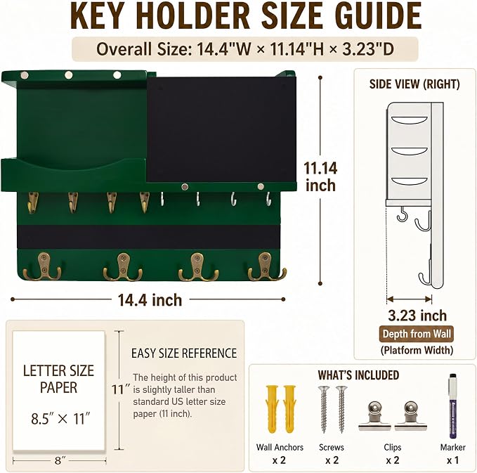 Key Holder for Wall Mount with Shelf and Mail Organizer, Key and Mail Holder with 16 Hooks, Farmhouse Entryway Organizer, Home Decor Rack (Pine Wood,Green) - Image 2