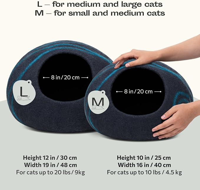 MEOWFIA Cat Cave – Premium Felt Cat Bed for Indoor Cats, Handmade 100% Merino Wool, Cat (Large, Black Aqua) (Pack of 2) - Image 2