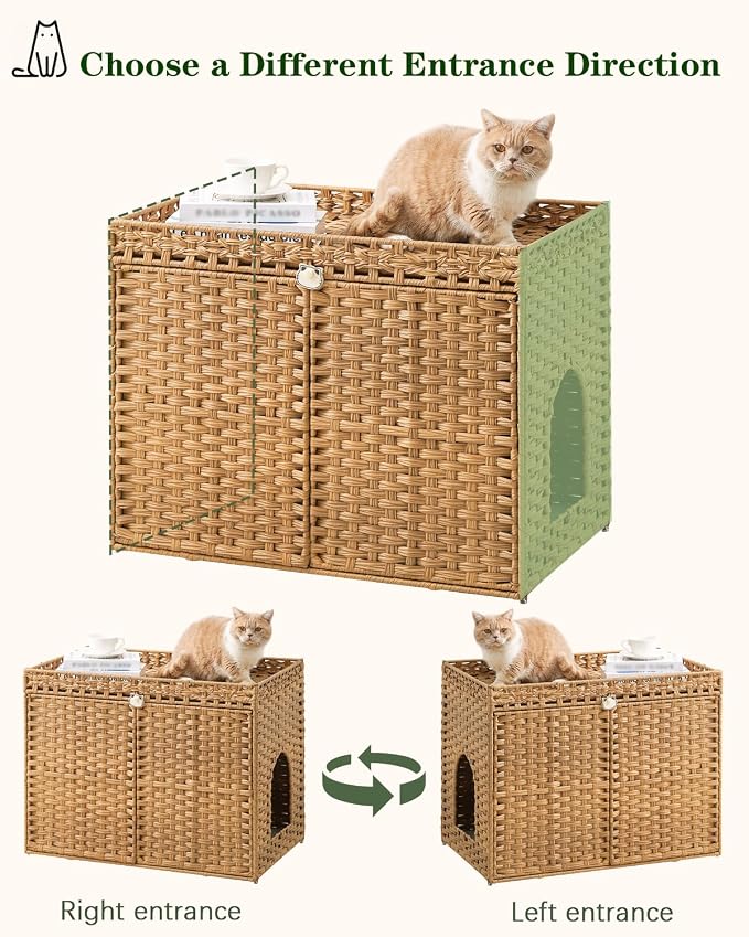 SETVSON Cat Litter Box Enclosure Furniture, Handwoven Rattan Hidden Litter Box with Mat, Large Space Cat House with 2 S-Shaped Hooks 30.3 x 18.3 x 24.4 Inches, Indoor for Living Room Apartment Natural - Image 6