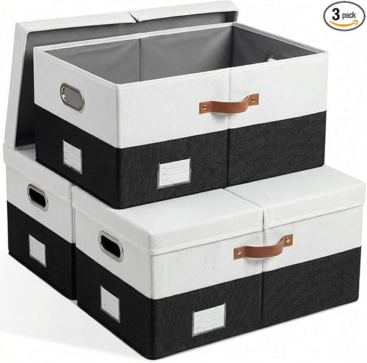 PRANDOM Storage Bins with Lids [3-Pack] Linen Fabric Foldable Storage Boxes Organizer Containers Baskets Cube with Cover for Bedroom Closet Office Grey&Black (23.4X15.9X11.4) by Prandom