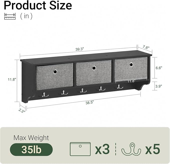 SoBuy Wall Shelf with Hooks | Coat Rack Wall Mount with Shelf Entrywall Storage Cabinet Unit with 3 Baskets 5 Hooks, Black, FRG282-SCH - Image 3
