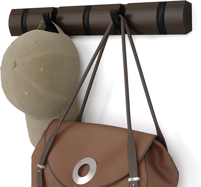 Umbra Flip Coat Rack, Wall Mounted 5-Hook Space Saving, Walnut/Black | Real wood and steel build, retractable hooks fold flat, holds coats bags and scarves, easy install by Umbra