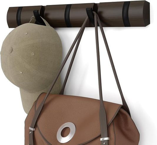 Umbra Flip Coat Rack, Wall Mounted 5-Hook Space Saving, Walnut/Black | Real wood and steel build, retractable hooks fold flat, holds coats bags and scarves, easy install by Umbra