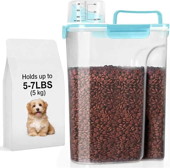 LEAWALK 5-7Lbs Cat Dog Storage Container, Portable Pet Food Containers with Upgraded Large Spout and Cup, Small Animal Kibble Dispenser for Bird Seed, Oatmeal, Rice, Flour-Clear Blue by LEAWALK