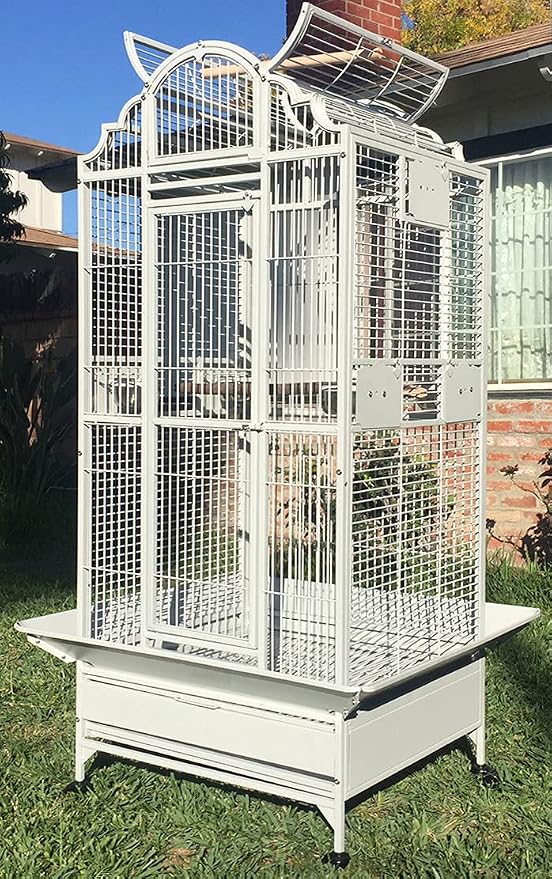 Large Elegance and Durable Wrought Iron Open Play Top Stand Bird Parrot Rolling Cage, Include Metal Seed Guard Solid Metal Feeder Nest Door (White Vein, 24.0" L x 22.0" W x 63.0" H) by Mcage