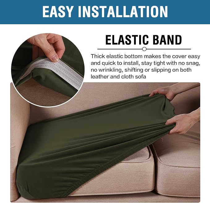 H.VERSAILTEX Velvet Stretch Couch Cushion Cover Plush Cushion Slipcover for Chair Loveseat Sofa Cushion Furniture Protector Seat Cushion Sofa Cover (2 Piece Medium Sofa Cushion Covers, Olive) - Image 4