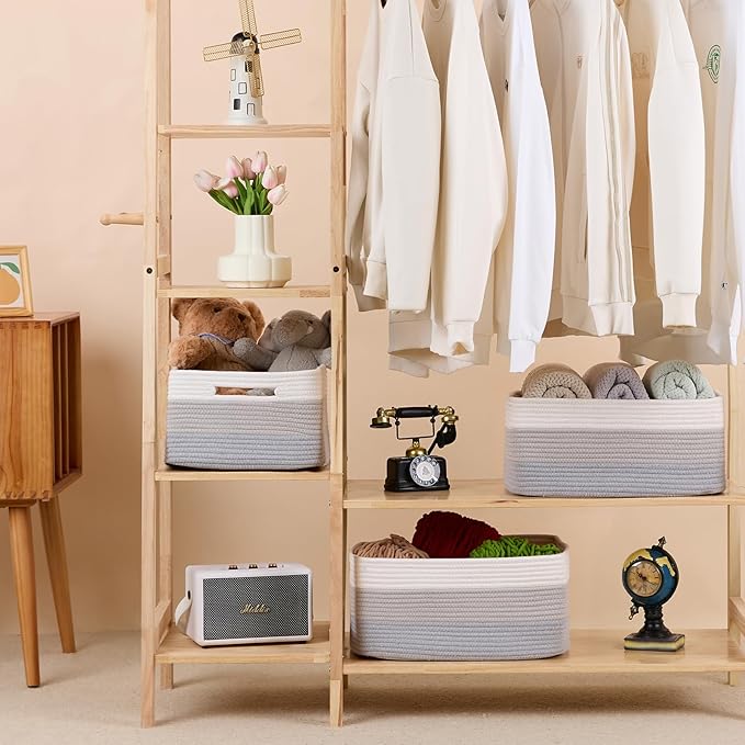 MiniArk Large Storage Baskets for Shelves, 17 x 13 x 7.5” Closet Organizers Bins for Clothes Blanket Towels, Baby Nursery, Toy Baskets Box, Woven Rope Baskets, 2 Packs Gradient Grey - Image 3