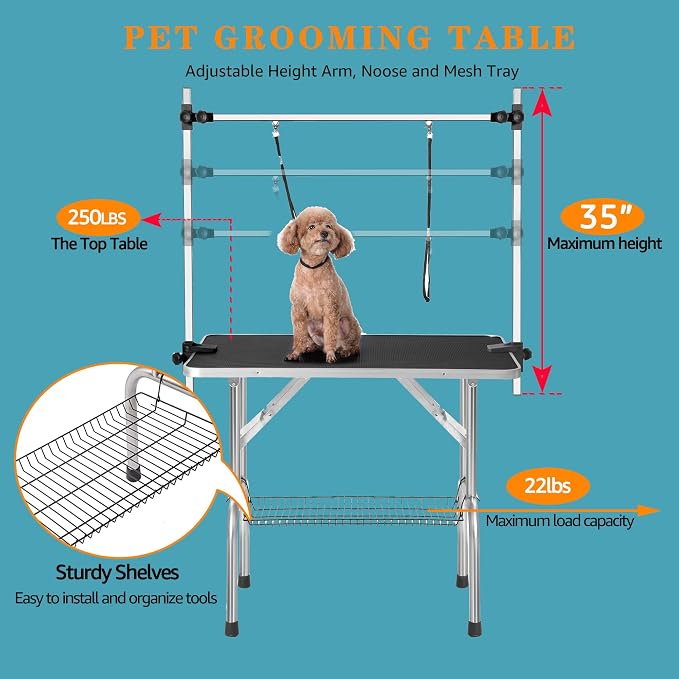Professional Dog Pet Grooming Table Adjustable Heavy Duty Portable w/Arm & Noose & Mesh Tray (42", Black) - Image 3