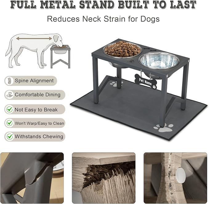 Elevated Dog Bowls, Metal Raised Dog Bowl Stand with 2 Thick 58oz Stainless Steel Food Bowls & Non-Slip Mat - 11.8" Tall for Medium/Large Breeds(Grey) - Image 4