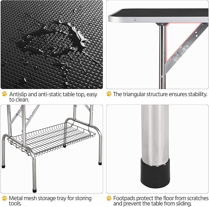 46" Dog Grooming Table Foldable Pet Grooming Tables with Adjustable Arm Noose Storage Mesh Tray Maximum Capacity Up to 330lbs Black - Image 4