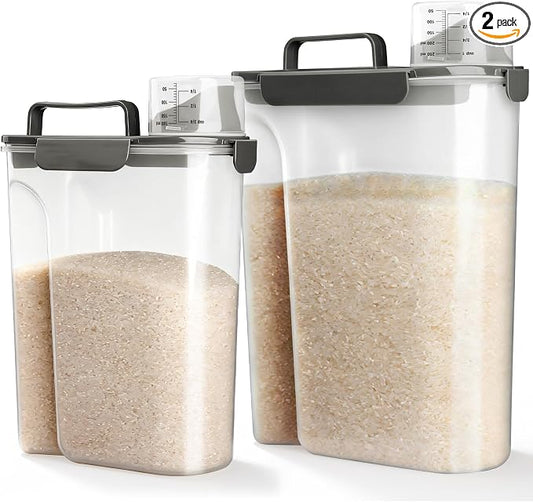 Viretec Rice Storage Container, 15 to 20lb Dry Food Airtight Dispenser, Pet Dog Cat Food Canister, BPA Free Clear Plastic Kitchen and Pantry Bin for Oatmeal, Cereal, Pasta, Flour Pack of 2 Grey by Viretec