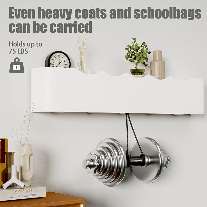 Coat Rack Wall Mount with Shelf 5 Hidden Hooks Modern Wooden Key Holder Entryway Organizer for Hallway Bedroom Bathroom Home Decor Storage for Hanging Coats Hats Bags Towels, Wave-Shape White - Image 3