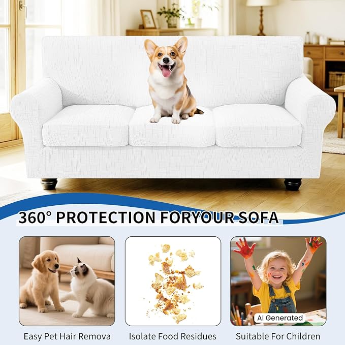 4 Piece Stretch Sofa Covers for 3 Cushion Couch, Non Slip Couch Covers for Sofa, Pet Couch Cover Washable, Couch Slipcover for Dogs, Kids (Off-White), 91"-110" (3 Cushion XL Sofa) - Image 5