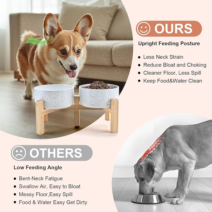 SPUNKYJUNKY Elevated Dog Bowls Ceramic, 6.1'' Dogs and Cat Food Water Bowls Raised with Non-Slip Bamboo Stand for Medium Sized Breed Microwave Dishwasher Safe - 28.7 OZ,Paw White - Image 3