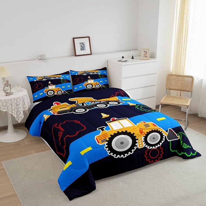 Kids Excavator Construction Vehicle Bedding Set - King Size, Cartoon Trucks & Machinery, Bulldozer, Tractor, Colorful - Image 2