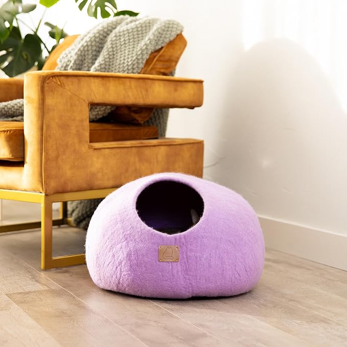Best Aesthetic Cat Bed - Premium Felted Wool Cat Cave Bed - Cozy Peekaboo Round Cave for Large or Small Cats (Large, Lilac Purple) - Image 3