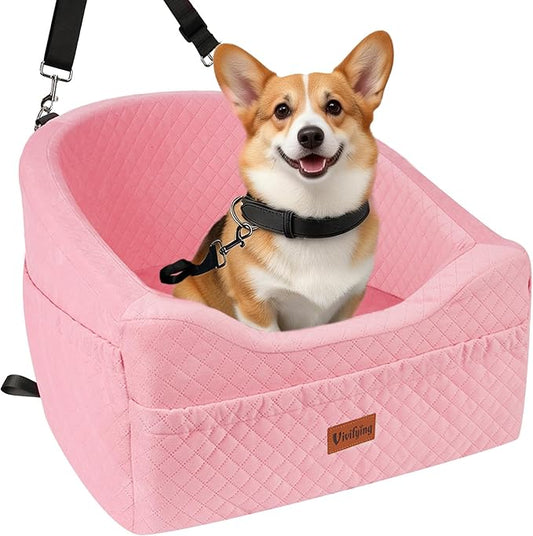 Vivifying Dog Car Seat for Small & Medium Dogs, Detachable & Washable Booster Seat for Pets Up to 30lbs, Travel Bed with Storage Pockets and Safety Belt – Pink