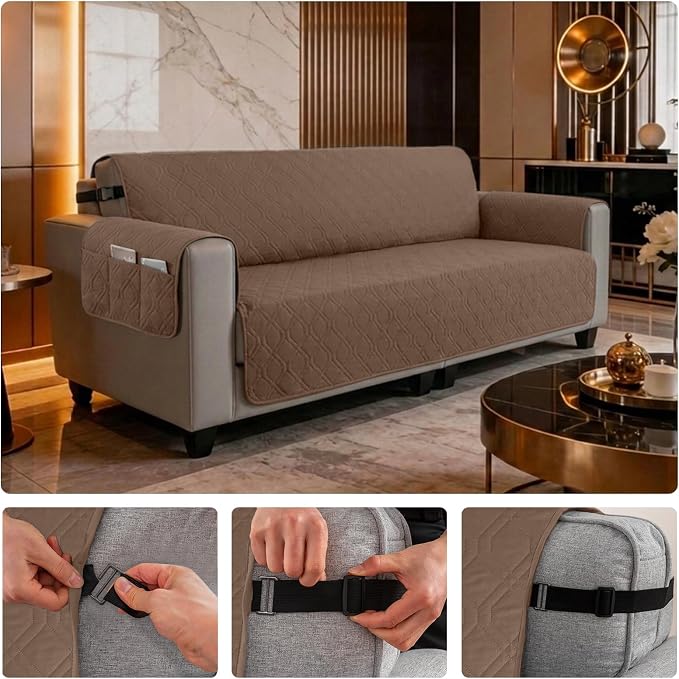 100% Waterproof Quilted Couch Cover,Straps&Pockets,78" Darkbrown | Washable sofa cover, pet-friendly, scratch-resistant furniture protector, quilted sofa cover, reversible, non-slip backing. - Image 6