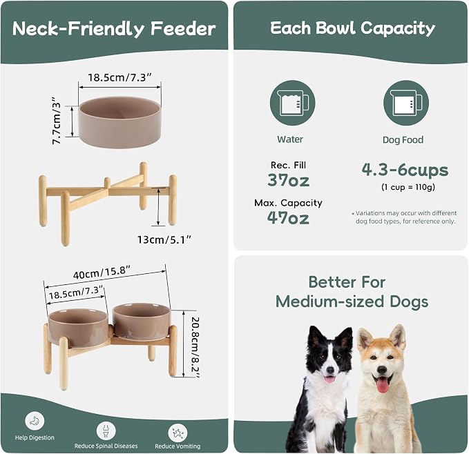 Havniva Elevated Dog Bowls Ceramic Dog Bowls with Stand, Dog Food Bowl | 7.3” Raised Dog Bowls with Non-Slip Wood Stand, Dog Food and Water Bowl Set, Double Dog Feeding Bowls for Medium Dogs - Image 2