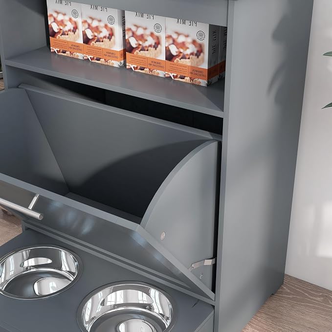PawHut Dog Feeding Station with Raised Bowls, Pet Feeder Station, Gray | Dog Food Storage Cabinet, Hanger for Feeding & Watering Supplies - Image 8